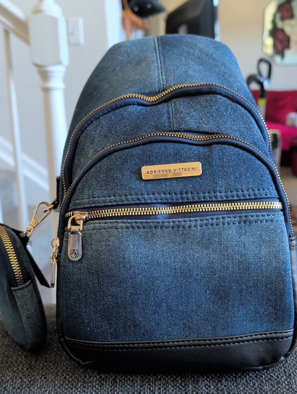 Adrienne Vittadini Dark Denim Mini Backpack with Gold Hardware